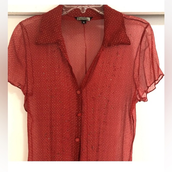 ROZAE NICHOLS VIBRANT RED SILK CHIFFON BLOUSE + SWAROVSKI CRYSTALS POLKA DOT FM - Picture 3 of 11